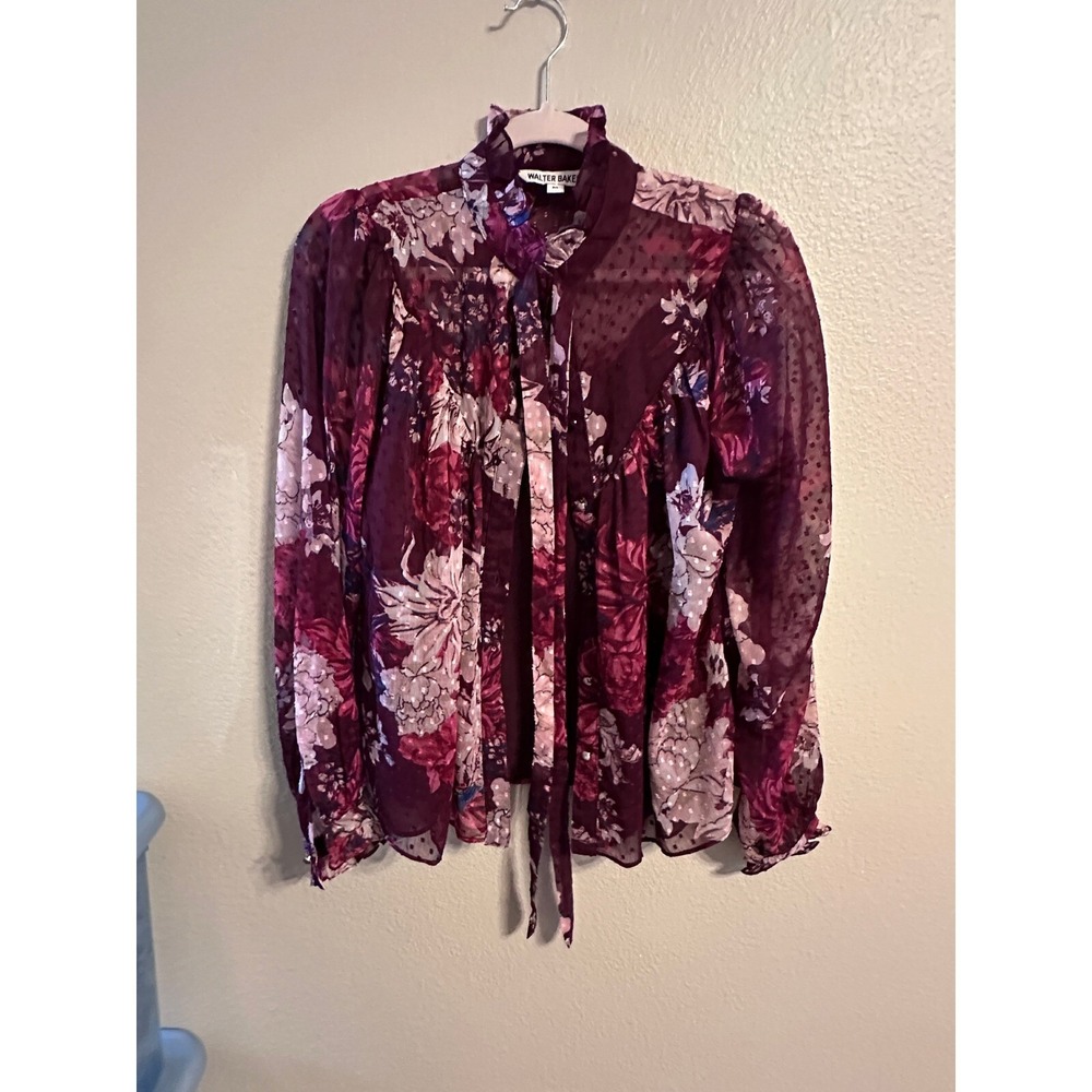 Walter Baker Floral‎ Blouse Tie Neck Long Sleeve Sheer Burgundy M
